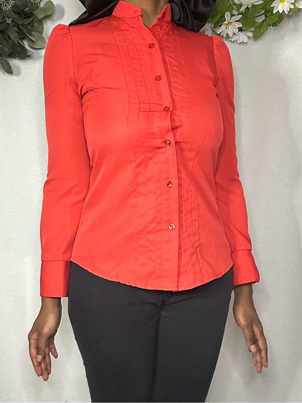 “Images” by Whittenton red button-up top with upright collar
